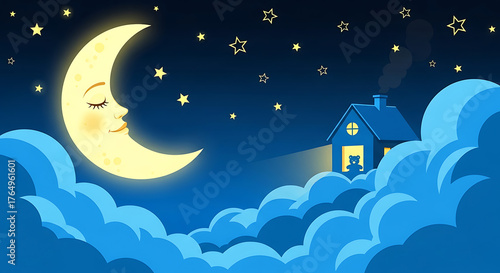 Smiling moon with a house on the clouds in a starry night sky
