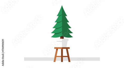 Cute minimalist Christmas tree illustration on a stool against a white background brings a festive touch to holiday projects and designs with its simple yet charming aesthetic