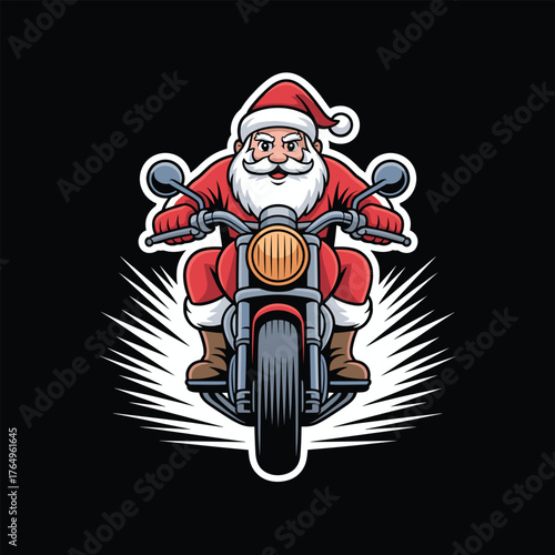 Santa Claus riding motorcycle cartoon illustration on black background