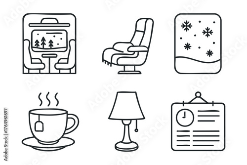 Cozy winter moments with warm drink and comfortable seating. Set of 6 winter vector illustration