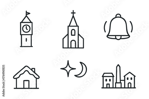 Symbols of community life featuring clock tower and church bell. Set of 6 winter vector illustration