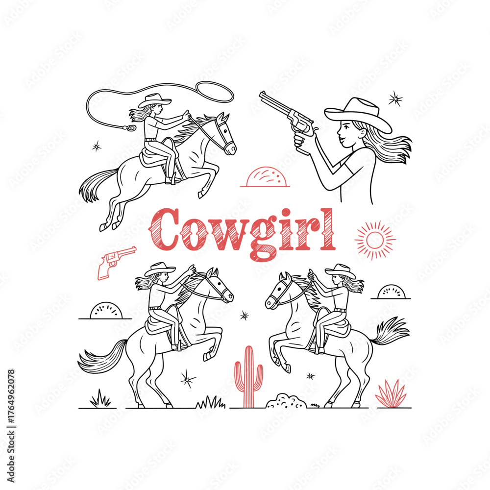 Fototapeta premium Four cowgirls on horses with lasso gun and desert elements riding