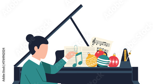 Elegant pianist crafting Christmas melodies with sheet music and vibrant ornaments adorning the piano, capturing holiday cheer and musical passion in a festive setting