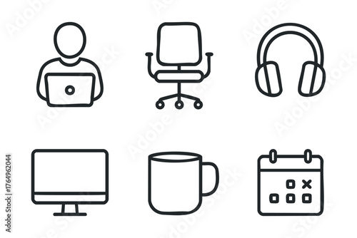 Modern workspace tools for remote working and productivity enhancement. Set of 6 winter vector illustration