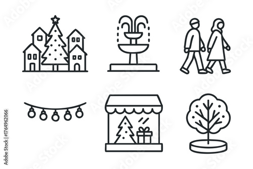 Holiday market scene with trees, fountain, and festive decorations. Set of 6 winter vector illustration