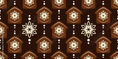 Brown gingerbread house with snowflake decor. Cozy winter holiday seamless pattern. Brown houses with beige snowflakes on dark brown chocolate background. Warm christmas holiday decor