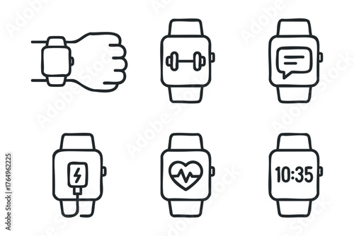 Smartwatch features and functionality for modern lifestyle tracking. Set of 6 winter vector illustration