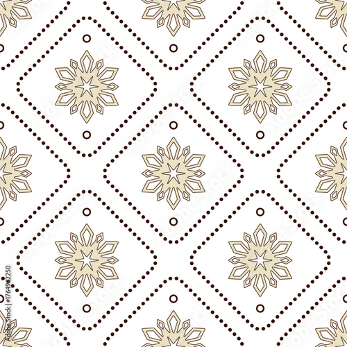 Beige snowflakes in diamond patterns on light background. Snowflake decoration. Wintery calm and festive seamless pattern. Warm Christmas decor in calm colors