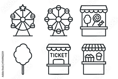 Carnival fun with Ferris wheel and snack stands for family enjoyment. Set of 6 winter vector illustration