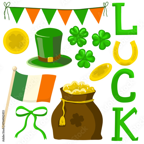 Set of vector illustrations for Saint Patrick's Day, Ireland culture, lucky coin, leprechaun hat, bag of gold, clover, rainbow, gold horseshoe
