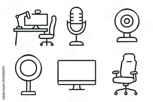 Modern workspace essentials for remote work and content creation. Set of 6 winter vector illustration