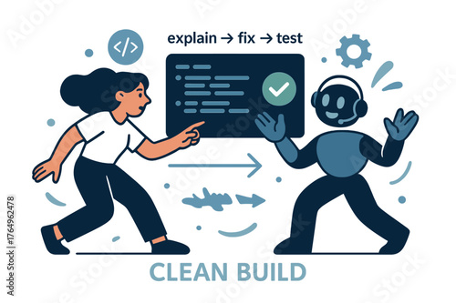 Clean Code Helper. AI Assistants ? Code Helper. The bot highlights a neat code block while a green check appears; arrows label ?explain > fix > test?. Caption