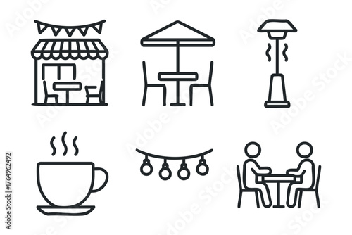 Outdoor cafe setting for gatherings and socializing in cozy ambiance. Set of 6 winter vector illustration