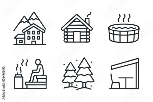 Cozy mountain retreat with cabin, sauna, and hot tub in winter. Set of 6 winter vector illustration