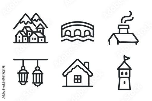 Charming mountain village with traditional houses and iconic bridge. Set of 6 winter vector illustration