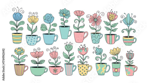 Whimsical Flower Pots: A collection of charming flowers bloom cheerfully from a variety of colorful teacups. The illustrations are a celebration of joy and artistry.