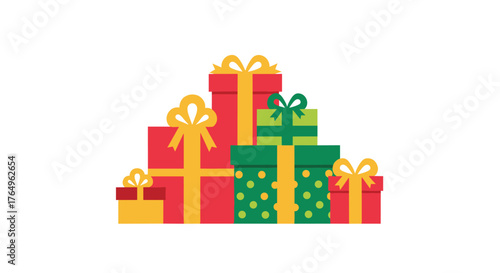 Joyful holiday season presents, a festive collection of red and green gift boxes with gold ribbons, perfect for Christmas promotions and cheerful greetings, spreading happiness and celebration