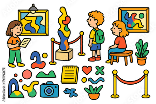 Art Gallery Adventure. modern art viewing. Colorful Hand-drawn doodle Children illustration modern art viewing visitor, art installation, sculpture, painting,
