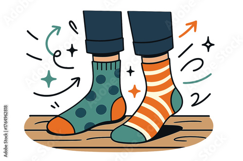 Colorful Mismatched Socks. Socks. Person wearing mismatched colorful socks standing on wooden floor with abstract floating lines, arrows, and sparkles; conveys