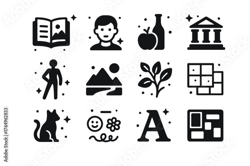 Sketchbook Icon Grid. Sketchbook Ideas. Solid icons set of Sketchbook Ideas: thumbnail sketch, portrait, still life, figure pose, landscape, architecture
