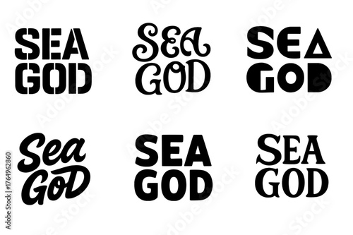 Six Sea God Styles. Sea God. Set lettering. harmonious lettering variations of the same emblematic concept (Stencil-inspired urban lettering, Whimsical curly