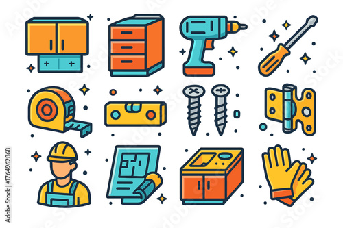 Kitchen Makeover Icons. Kitchen makeover. Colorful isometric vector icons set of kitchen makeover: upper cabinets, lower cabinets, drill,