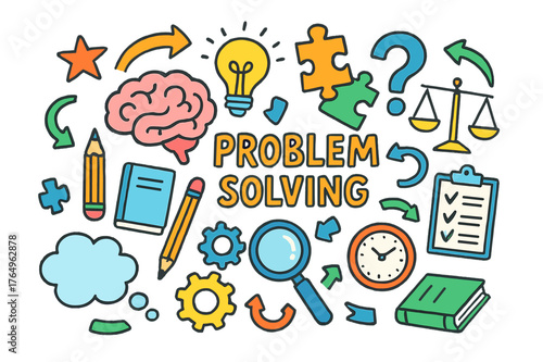 Creative Problem Solving. problem solving. Colorful Hand-drawn doodle Children illustration problem solving brain, lightbulb, puzzle pieces, question mark,
