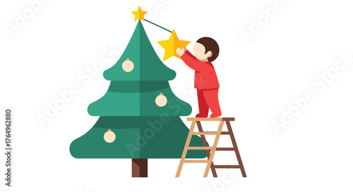 Delightful scene of a child placing a radiant star atop a vibrant Christmas tree, spreading holiday cheer and capturing the warmth of family traditions with festive decorations