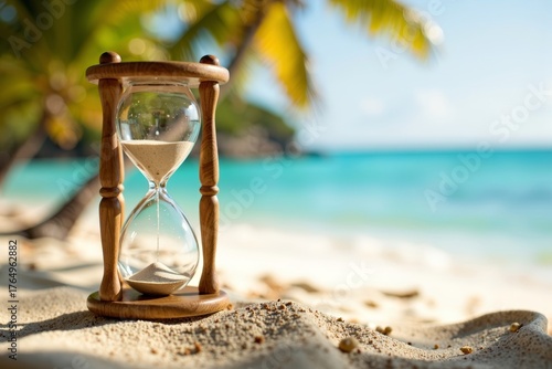 Urgent Last Minute Travel Deals: Hourglass on Tropical Beach Signifying Limited Time to Book Your Vacation