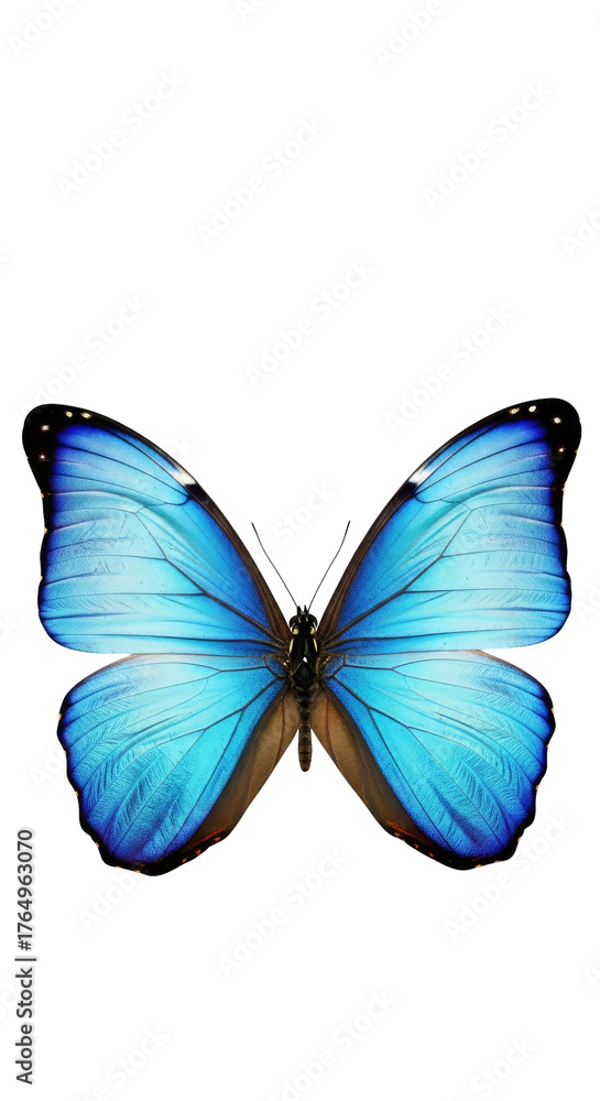 Fototapeta premium A vibrant butterfly with blue wings against a stark, black background