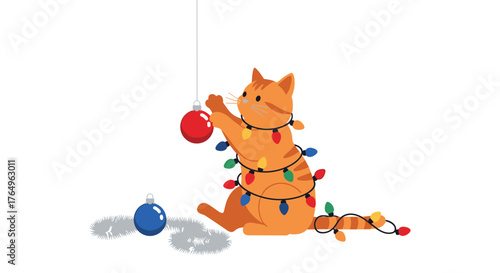 Adorable cartoon cat tangled in Christmas lights playing with a red ornament, adding a touch of festive fun to your holiday designs and creative projects with playful charm