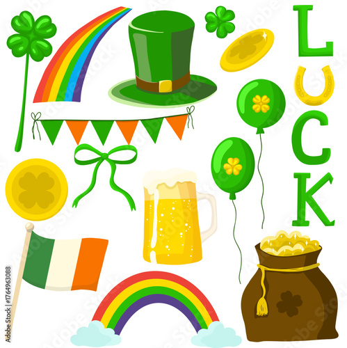 Set of vector illustrations for Saint Patrick's Day, Ireland culture, lucky coin, leprechaun hat, bag of gold, clover, rainbow, gold horseshoe, beer, baloons, Ireland flag