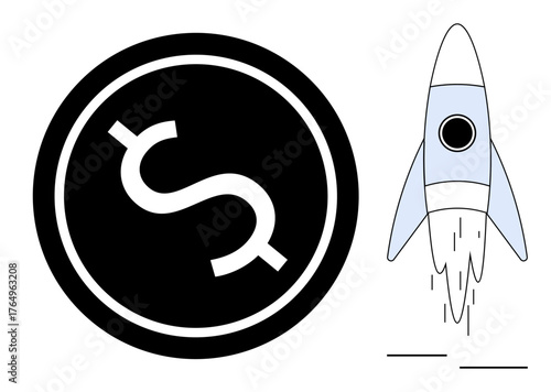 Black coin with dollar sign and pale blue rocket taking off symbolize financial growth, innovation, progress, and entrepreneurship. Ideal for startups, business growth, funding, investment