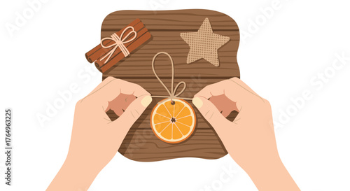 Crafting a festive orange slice ornament with cinnamon sticks and burlap star on rustic wood surface for delightful holiday decor and creative DIY projects adding warmth and cheer