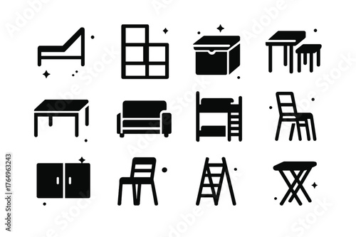 Efficient Interiors Icons. Efficient Interiors. Solid icons set of Efficient Interiors: foldable bed, modular shelf, storage ottoman, wall-mounted desk,