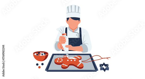 Cheerful chef decorating gingerbread man with delicate icing details for holiday cheer, spreading festive spirit and creating delicious treats for joyful celebrations, seasonal baking