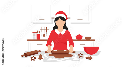 Festive woman baking Christmas cookies in a bright kitchen, spreading holiday cheer and delicious treats for a cozy celebration, capturing the spirit of winter baking