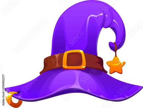 Cartoon Halloween purple witch hat with a curled tip, golden buckle and hanging star charm. Halloween party wizard or witch costume, spooky holiday decoration of vector witch hat for night holiday