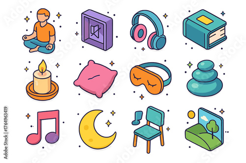 Silence and Pause Icons. Silence and pauses. Colorful isometric vector icons set of silence and pauses: meditation pose, quiet room, headphones, closed book,