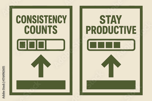 Productivity Banners. Consistency counts. Two vertical A6 banners with safe margins, centered composition, no elements touching edges, geometric, olive green