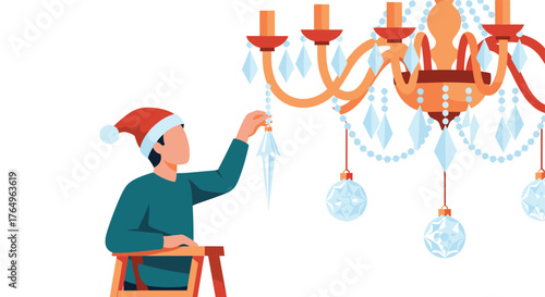 Festive season decoration concept showing a person in a Santa hat adding a crystal ornament to a beautiful chandelier, creating a warm and inviting holiday atmosphere for celebrations and gatherings