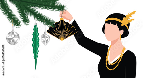 Elegant woman decorates Christmas tree with art deco ornaments, celebrating a vintage style holiday filled with festive cheer and nostalgic glamour, evoking the roaring twenties