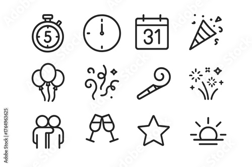 Countdown Celebration Icons. Countdown and Midnight. Line icon set of Countdown and Midnight: countdown timer, clock at twelve, calendar page, confetti cannon,