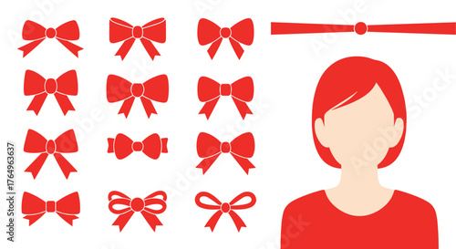 Festive red bows collection perfect for holiday designs and creative projects featuring a woman avatar, ideal for graphic designers and DIY enthusiasts looking for versatile vector assets