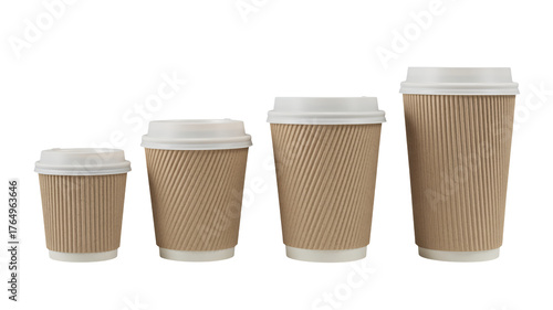 Wallpaper Mural Four corrugated paper coffee cups with white lids, lined up from smallest to largest, perfect for beverage branding and cafe promotions Torontodigital.ca