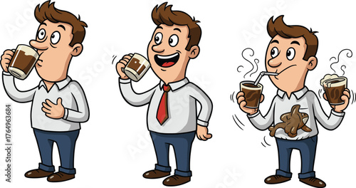 Funny coffee addiction cartoon man drinking caffeine stages humor comic character spill energetic vector illustration morning routine espresso pot