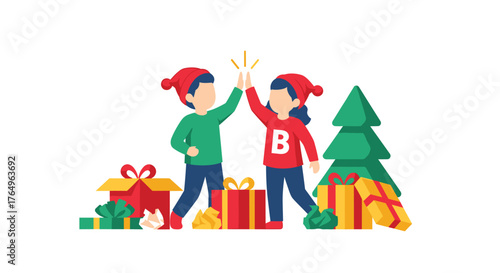 Festive holiday cheer with children celebrating Christmas, giving a high five near beautifully wrapped gifts and a bright green Christmas tree, perfect for holiday promotions