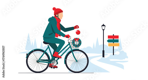 Enjoy the winter season with a bike ride through snowy landscapes, decorated with a festive wreath and ornaments, spreading holiday cheer and celebrating Christmas spirit