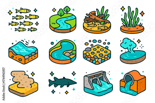 Colorful Freshwater Icons. Freshwater shoals. Colorful isometric vector icons set of Freshwater shoals: minnow shoal, river bend habitat, submerged log