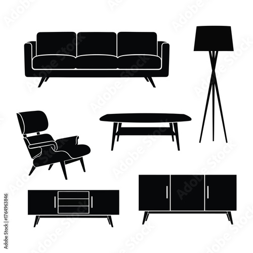 Furniture silhouettes: A stylish array of modern furniture, each piece a bold silhouette against a clean backdrop, capturing the essence of contemporary design.